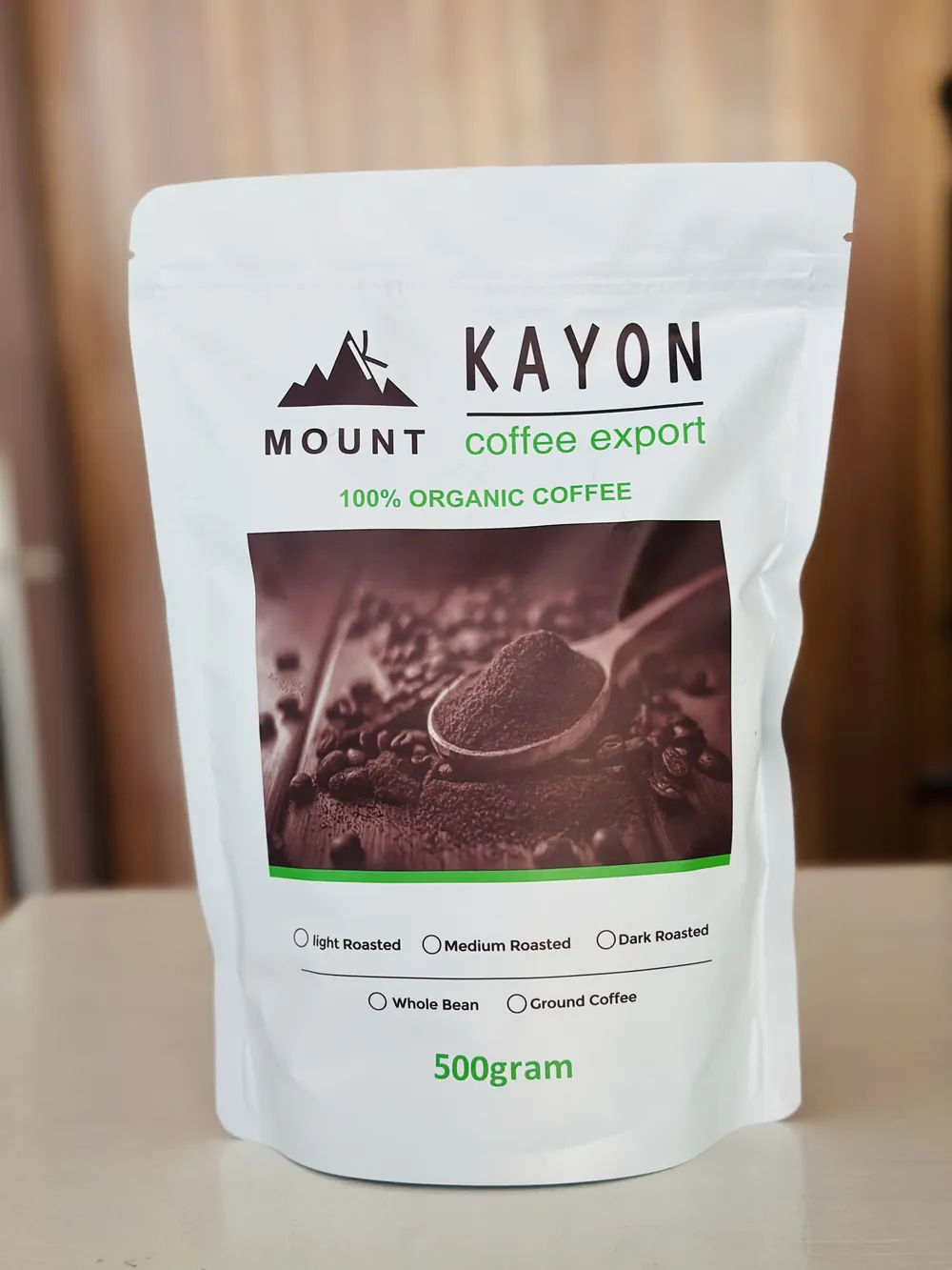 Mount Kayon Coffee Export 500g retail bag — 100% organic Ethiopian Arabica, roasted whole bean or ground